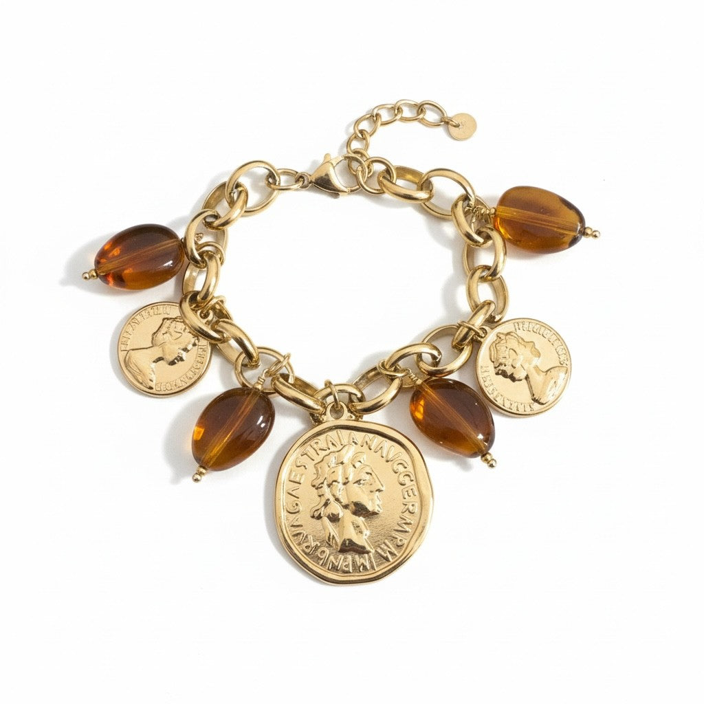 Honey Coin Bracelet ατσάλινο βραχιόλι με κρεμαστές λίρες και χάντρες ταρταρούγα σε χρυσό τόνο So Cute by Dimi