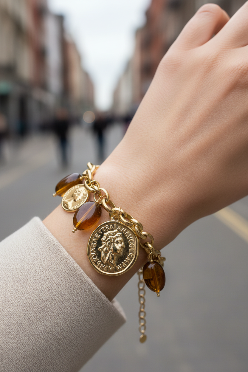 Honey Coin Bracelet ατσάλινο βραχιόλι με κρεμαστές λίρες και χάντρες ταρταρούγα σε χρυσό τόνο So Cute by Dimi