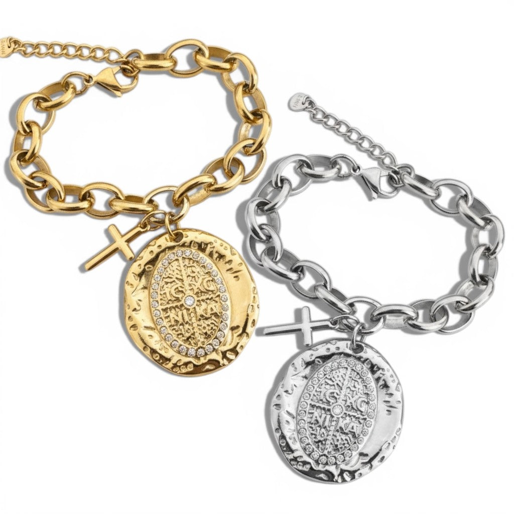 Sacred Coin Bracelet ατσάλινο βραχιόλι με κρεμαστό σταυρό και σφυρήλατο μοτίφ με ζιργκόν