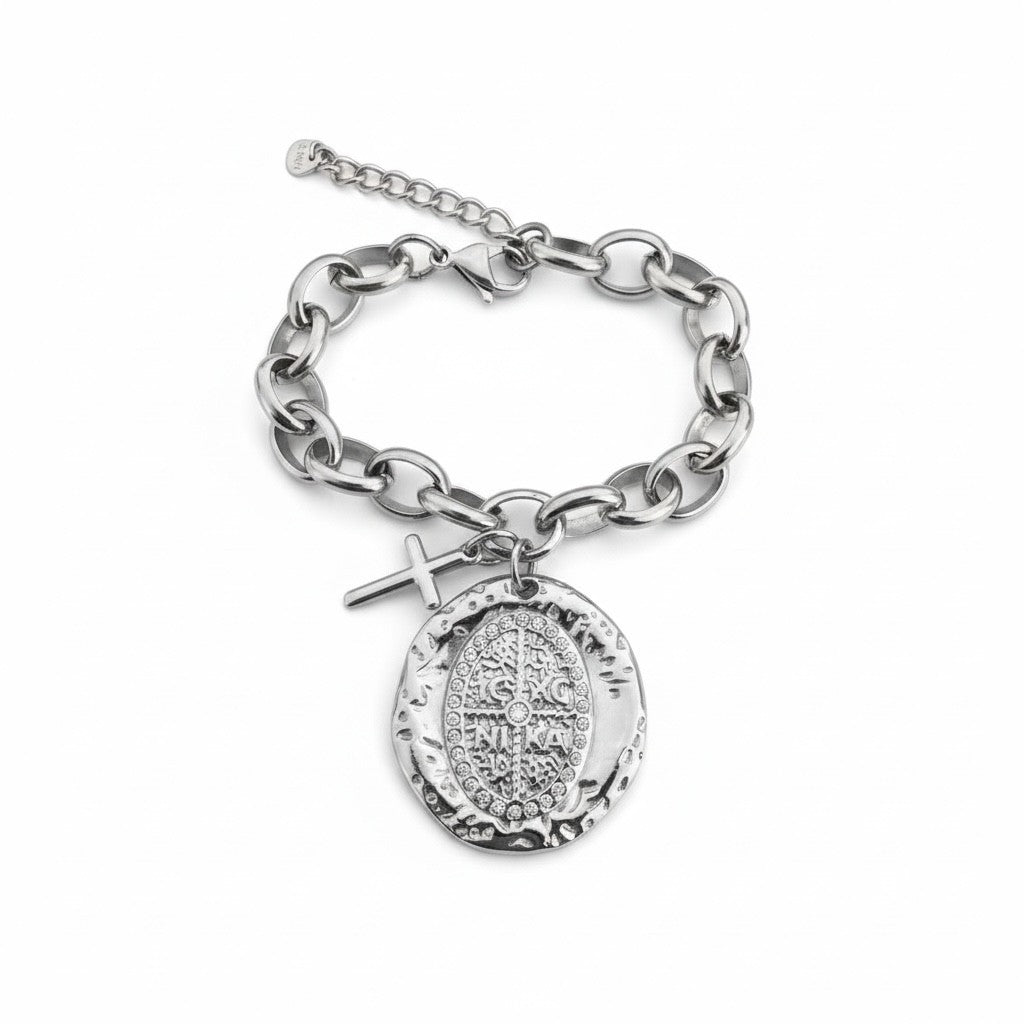 Sacred Coin Bracelet ατσάλινο βραχιόλι με κρεμαστό σταυρό και σφυρήλατο μοτίφ με ζιργκόν