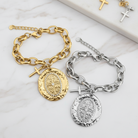 Sacred Coin Bracelet ατσάλινο βραχιόλι με κρεμαστό σταυρό και σφυρήλατο μοτίφ με ζιργκόν