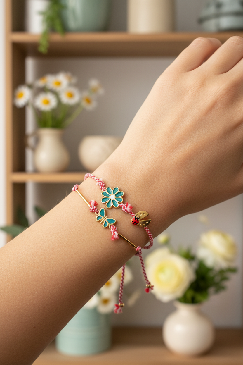 Hand wearing a colorful bracelet with floral and butterfly designs, against a blurred indoor background with flowers and shelves.