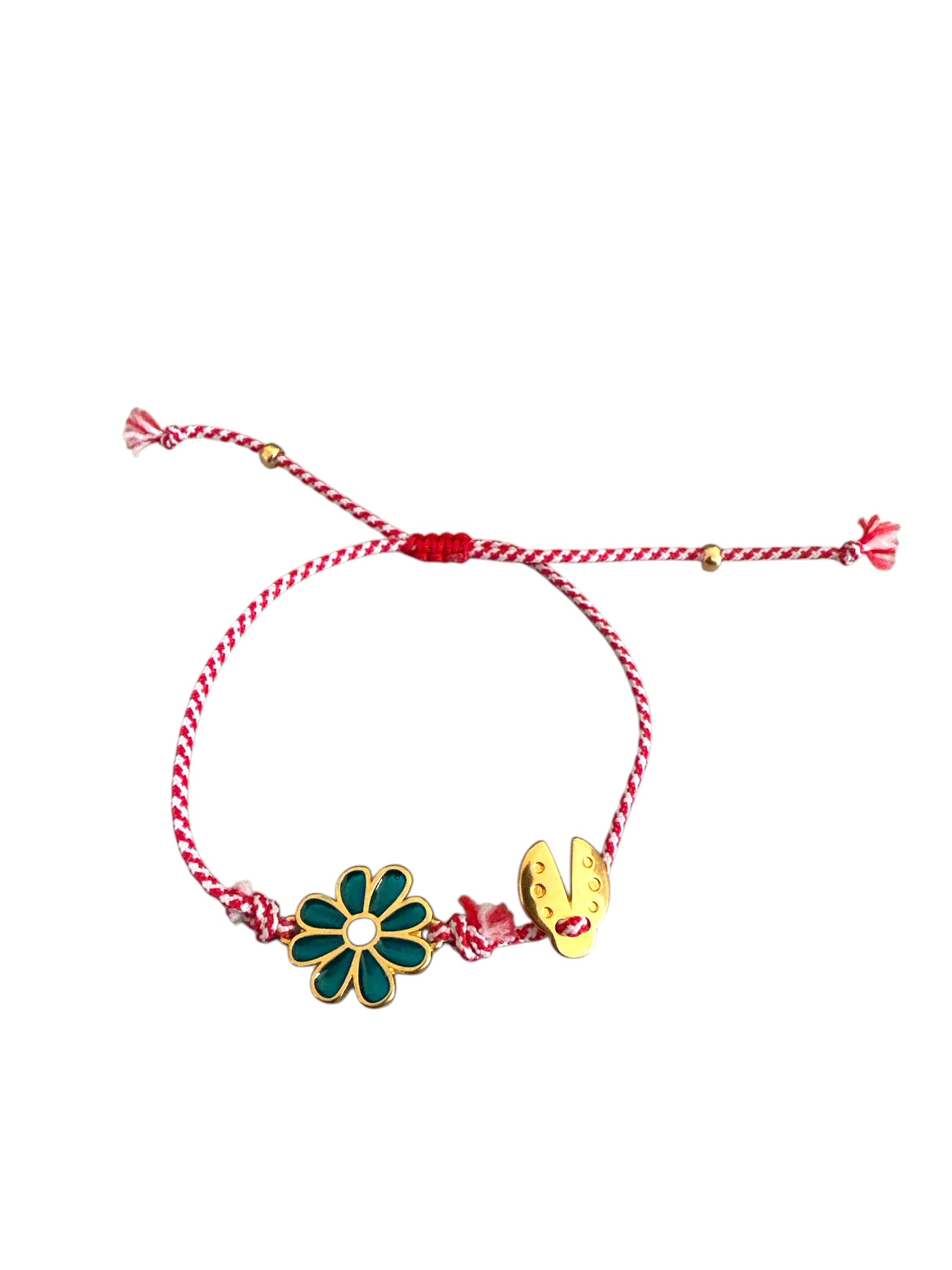 March Bracelet with a green flower charm and yellow butterfly on a red and white cord against a white background-So Cute by Dimi