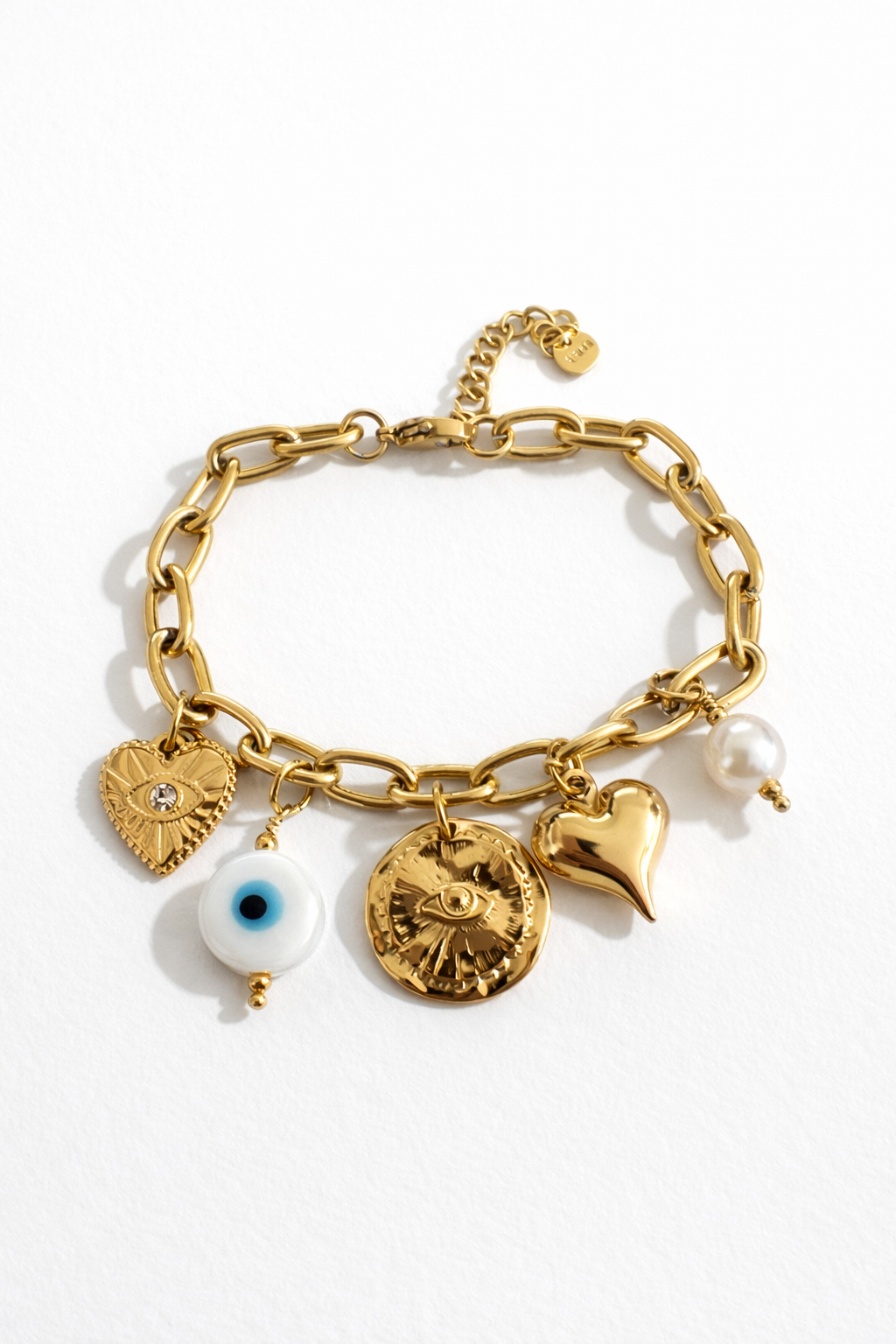Amora charm bracelet ατσάλινο βραχιόλι με charms καρδιά μάτι και πέρλα πλήρης όψη