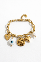 Amora charm bracelet ατσάλινο βραχιόλι με charms καρδιά μάτι και πέρλα πλήρης όψη