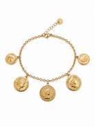 ατσάλινο χρυσό βραχιόλι με coins charms, σε λευκό φόντο, so cute by dimi