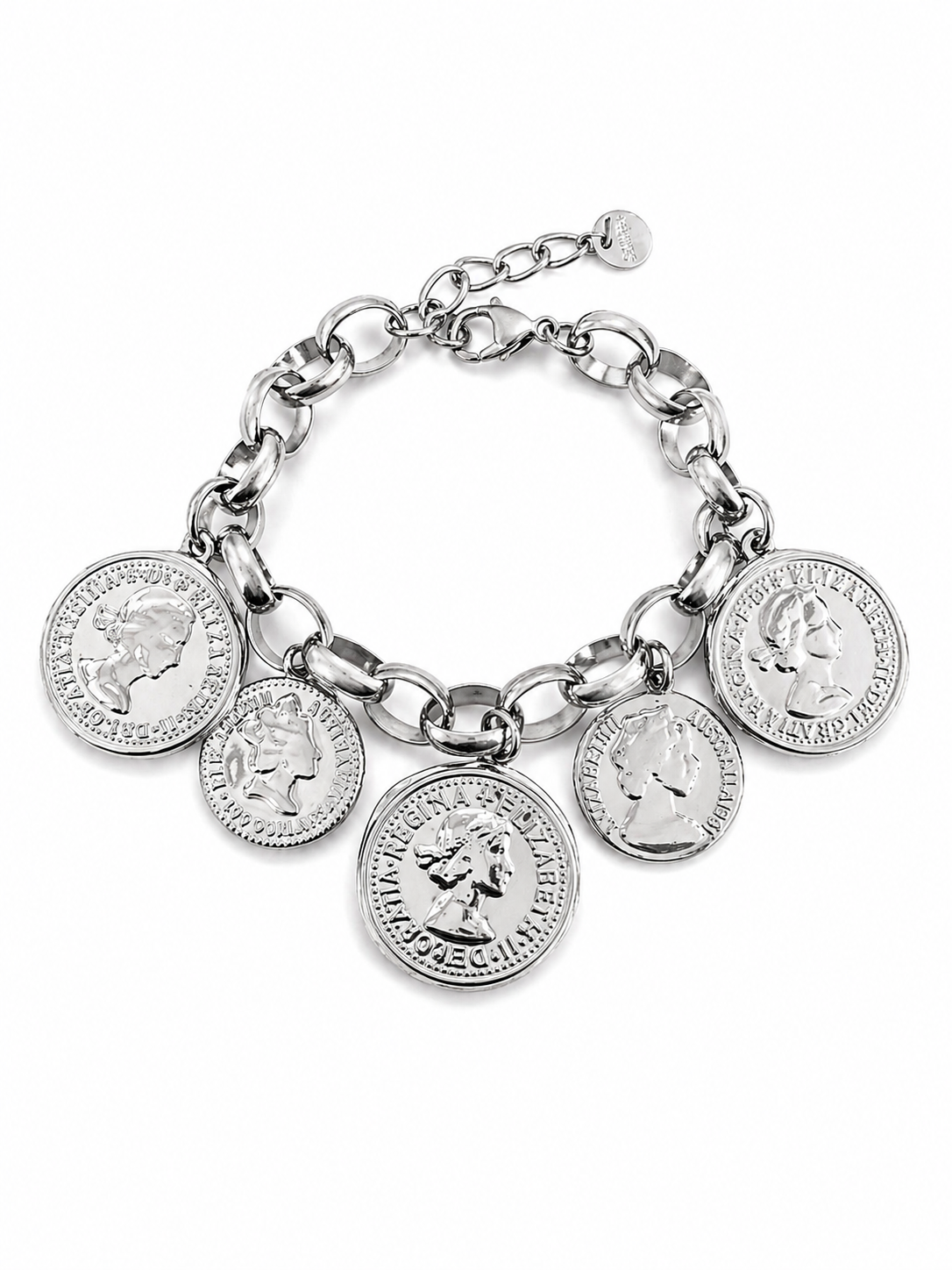 chunky ασημί βραχιόλι με coins charms ατσάλι σε λευκο φόντο, so cute by dimi