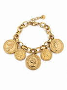 chunky χρυσό βραχιόλι με coins charms ατσάλι σε λευκο φόντο, so cute by dimi
