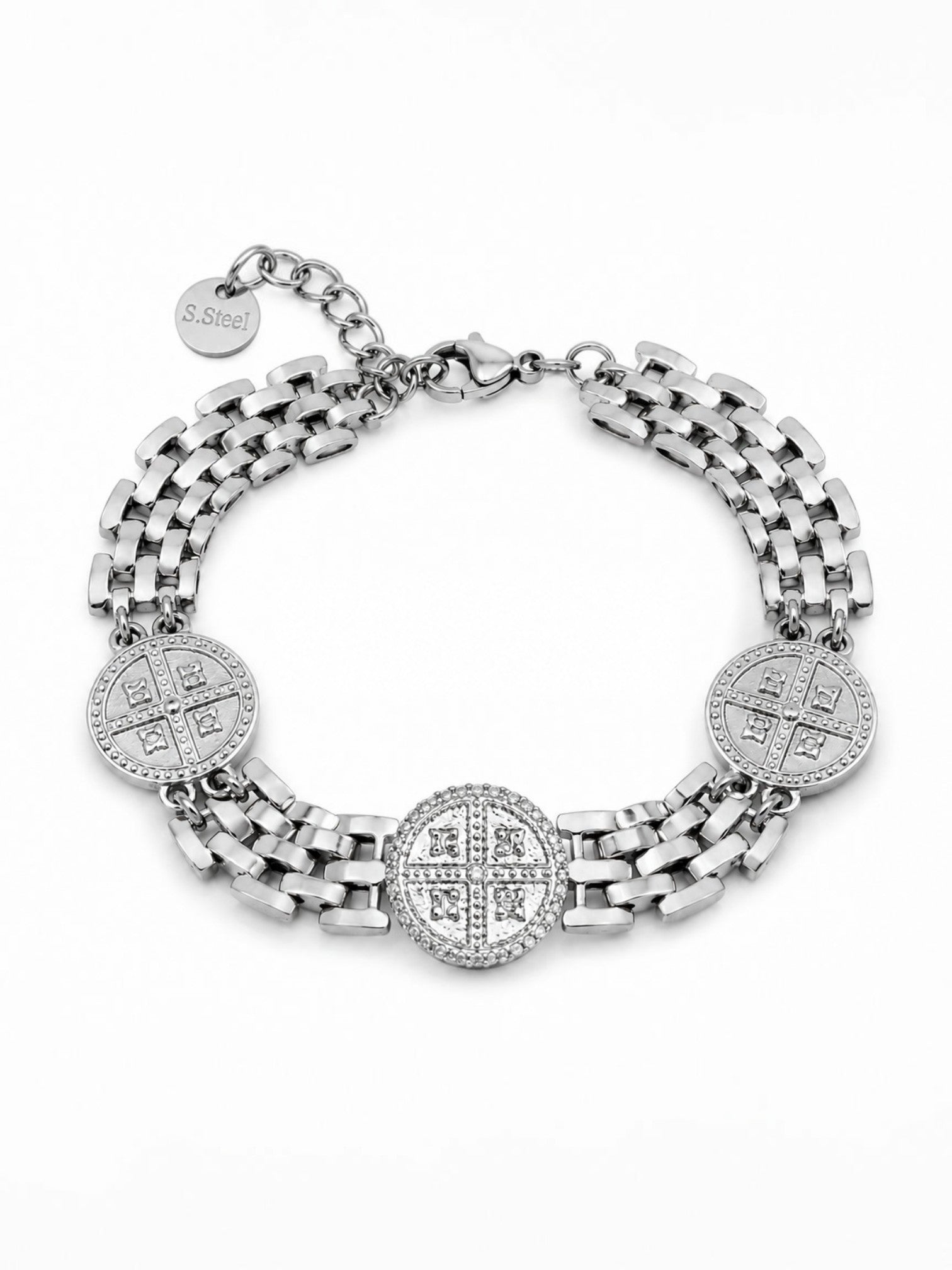 Ατσάλινο βραχιόλι Constantine Luxe σε χρυσό και ασημί χρώμα με τρία Κωνσταντινάτα και λαμπερά ζιργκόν από τη So Cute by Dimi.