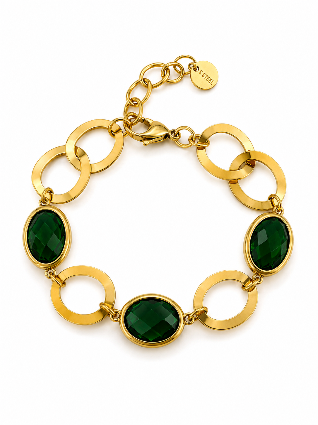 Elodie Bracelet χρυσό ατσάλινο βραχιόλι με πράσινους οβάλ κρυστάλλινες πέτρες και μεγάλους κρίκους, σε λευκό φόντο