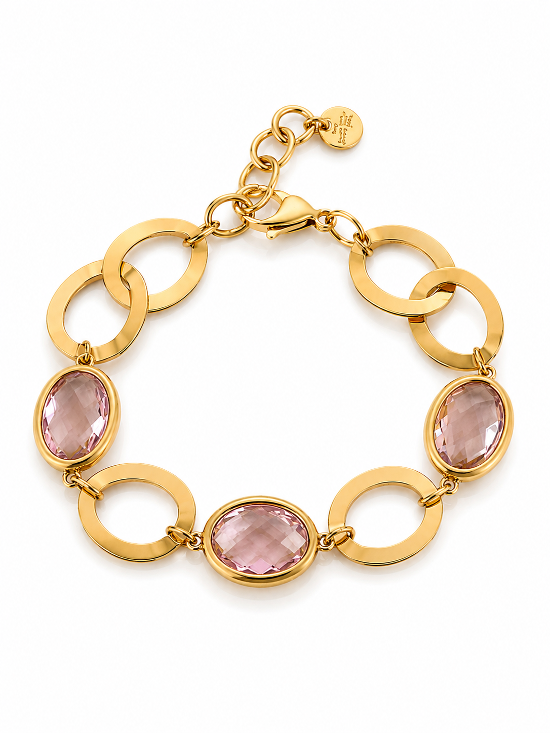 Elodie Bracelet χρυσό ατσάλινο βραχιόλι με ροζ οβάλ κρυστάλλινες πέτρες και μεγάλους κρίκους, σε λευκό φόντο
