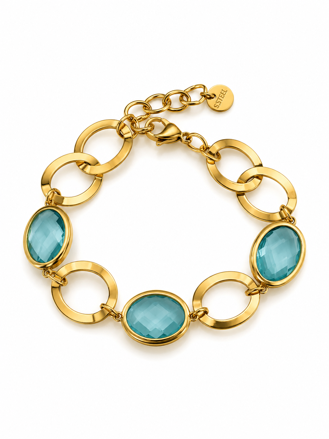 Elodie Bracelet χρυσό ατσάλινο βραχιόλι με τυρκουάζ οβάλ κρυστάλλινες πέτρες και μεγάλους κρίκους, σε λευκό φόντο