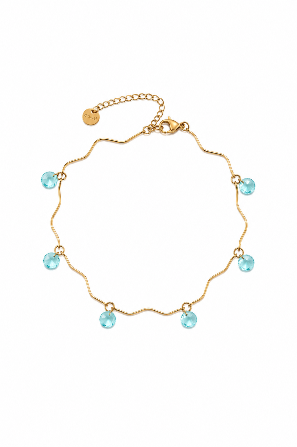 Wave Crystal Bracelet από ανοξείδωτο ατσάλι με κυματιστό σχέδιο και κρεμαστά κρύσταλλα σε μπλε, ροζ, aqua turquoise και crystal clear χρώματα | So Cute by Dimi