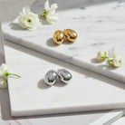 Pair of gold and silver earrings on a white background