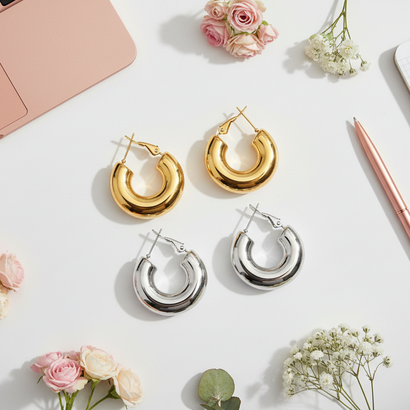 Bold Curve Hoops 30mm ατσάλινα σκουλαρίκια chunky κρίκοι με καμπύλη γραμμή σε χρυσό ή ασημί
