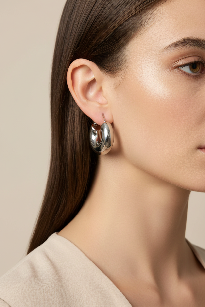 Bold Curve Hoops 30mm ατσάλινα σκουλαρίκια chunky κρίκοι με καμπύλη γραμμή σε ασημί