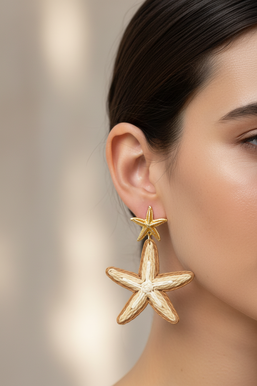 οντέλο φοράει μπεζ σκουλαρίκια αστερίας Starwave Statement Earrings minimal summer styling So Cute by Dimi