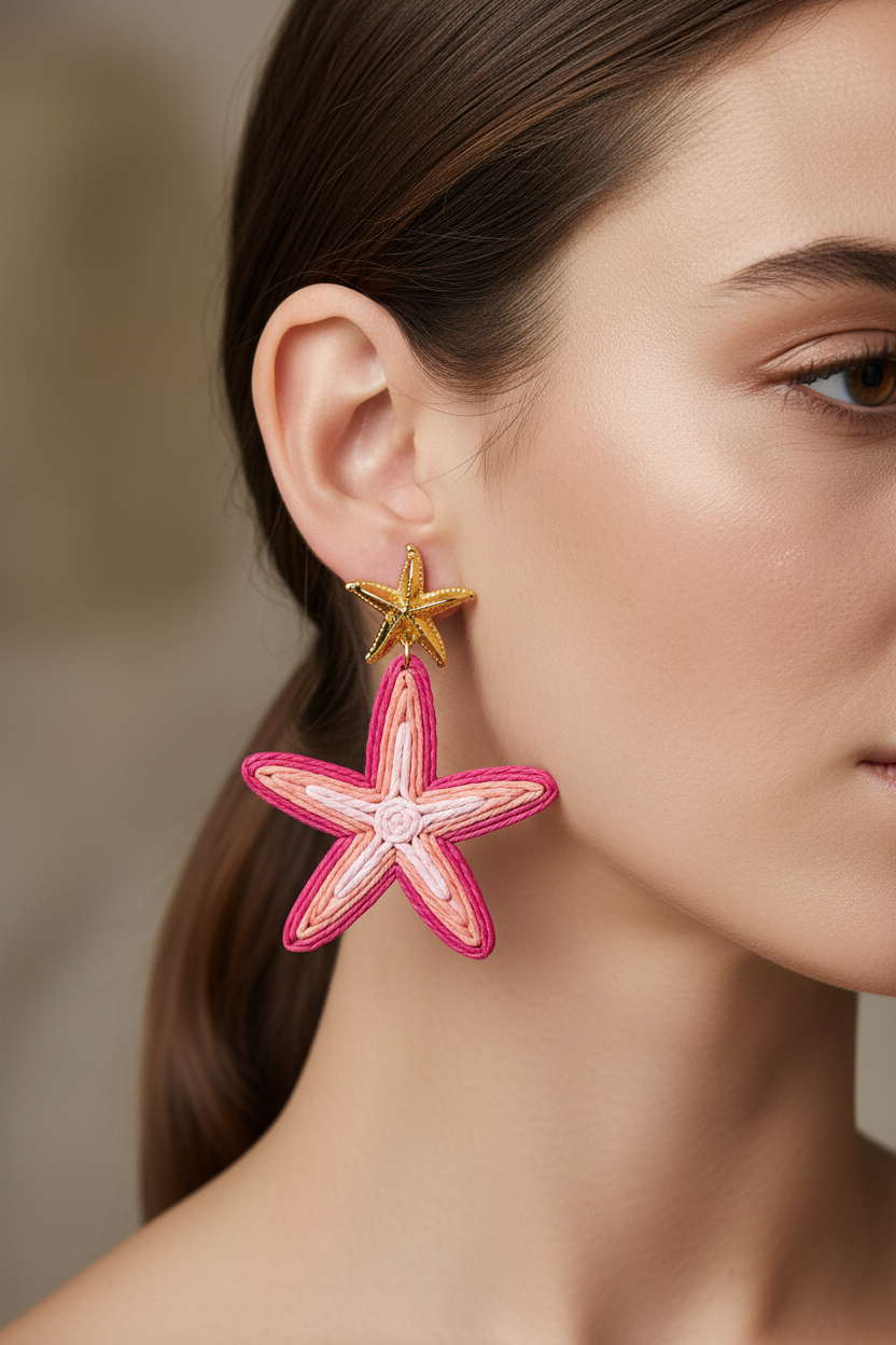 μοντέλο φοράει ροζ σκουλαρίκια αστερίας Starwave Statement Earrings καλοκαιρινό fashion styling So Cute by Dimi