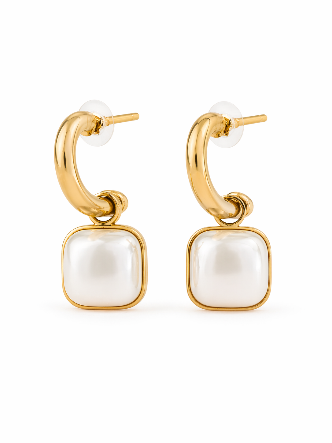Gold hoop earrings with square white pearls on a white background