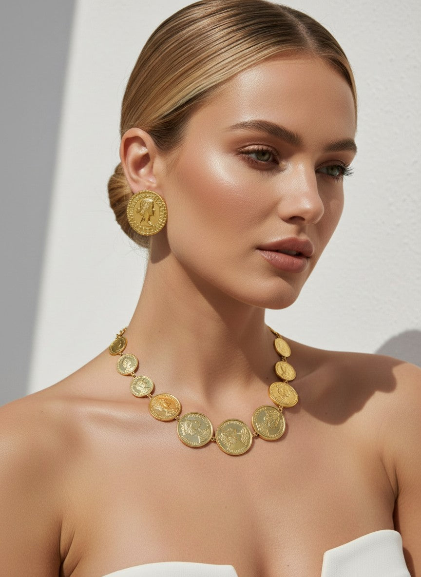 Woman wearing stainless steel gold coin necklace and earrings against a neutral background, so cute by dimi