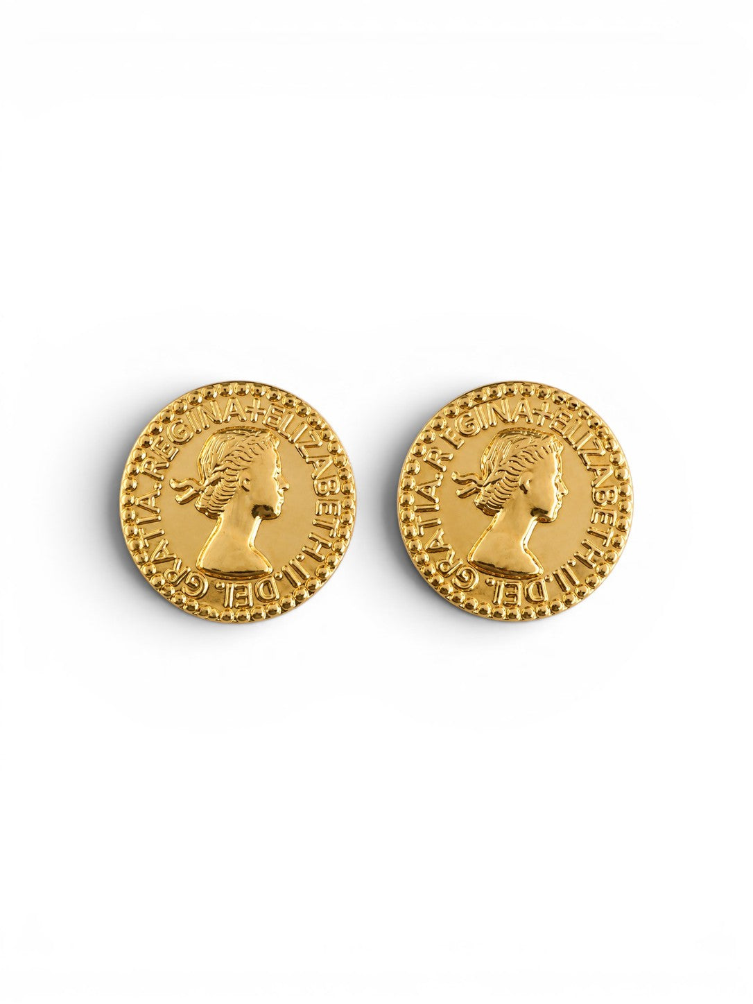 Pair of gold coin-shaped earrings on a white background