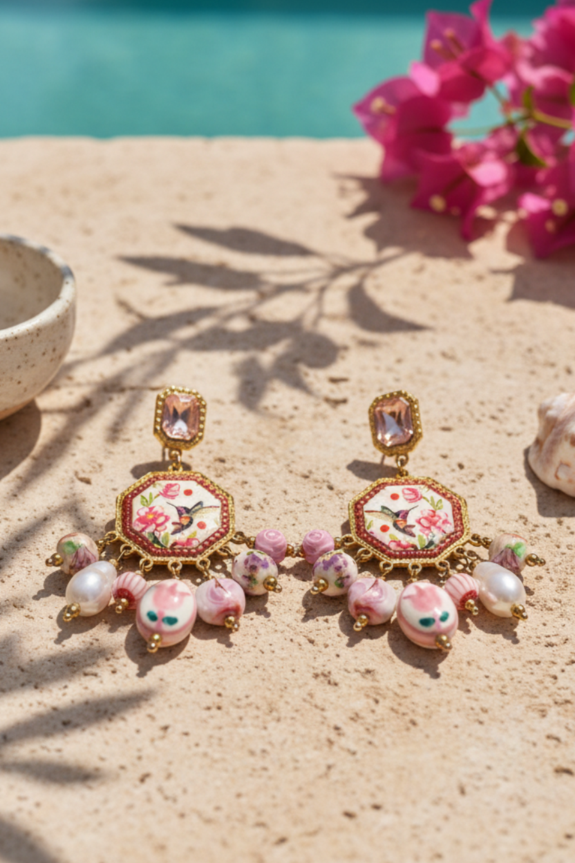 Ατσάλινα statement σκουλαρίκια So Cute by Dimi με floral hummingbird μοτίφ και ροζ decorative χάντρες σε romantic boho αισθητική, σε καλοκαιρινο σκηνίκό