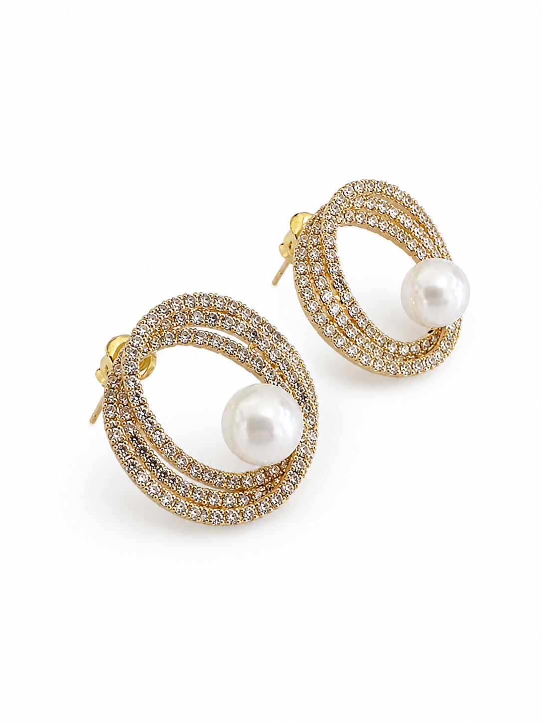 ELVORA Pearl Earrings ατσάλινα χρυσά σκουλαρίκια με πέρλα και λαμπερά στρας σε oval σχέδιο