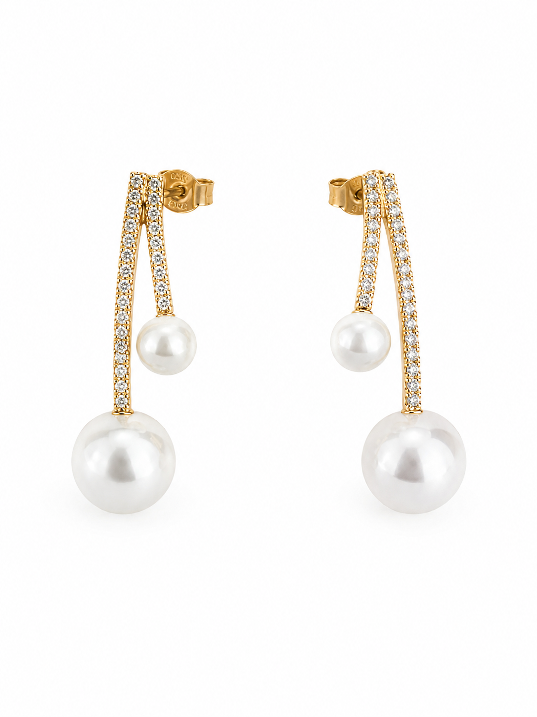OREVIA Pearl Earrings ατσάλινα χρυσά σκουλαρίκια με διπλές πέρλες και ζιργκόν σε elegant luxury σχέδιο