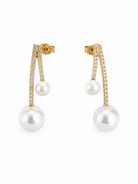 OREVIA Pearl Earrings ατσάλινα χρυσά σκουλαρίκια με διπλές πέρλες και ζιργκόν σε elegant luxury σχέδιο