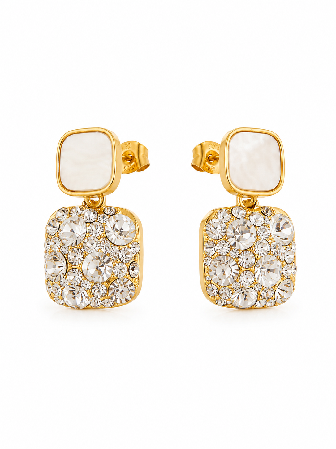NORÉLIA Crystal Earrings ατσάλινα χρυσά σκουλαρίκια με mother of pearl και λαμπερά κρύσταλλα σε geometric luxury σχέδιο