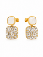 NORÉLIA Crystal Earrings ατσάλινα χρυσά σκουλαρίκια με mother of pearl και λαμπερά κρύσταλλα σε geometric luxury σχέδιο
