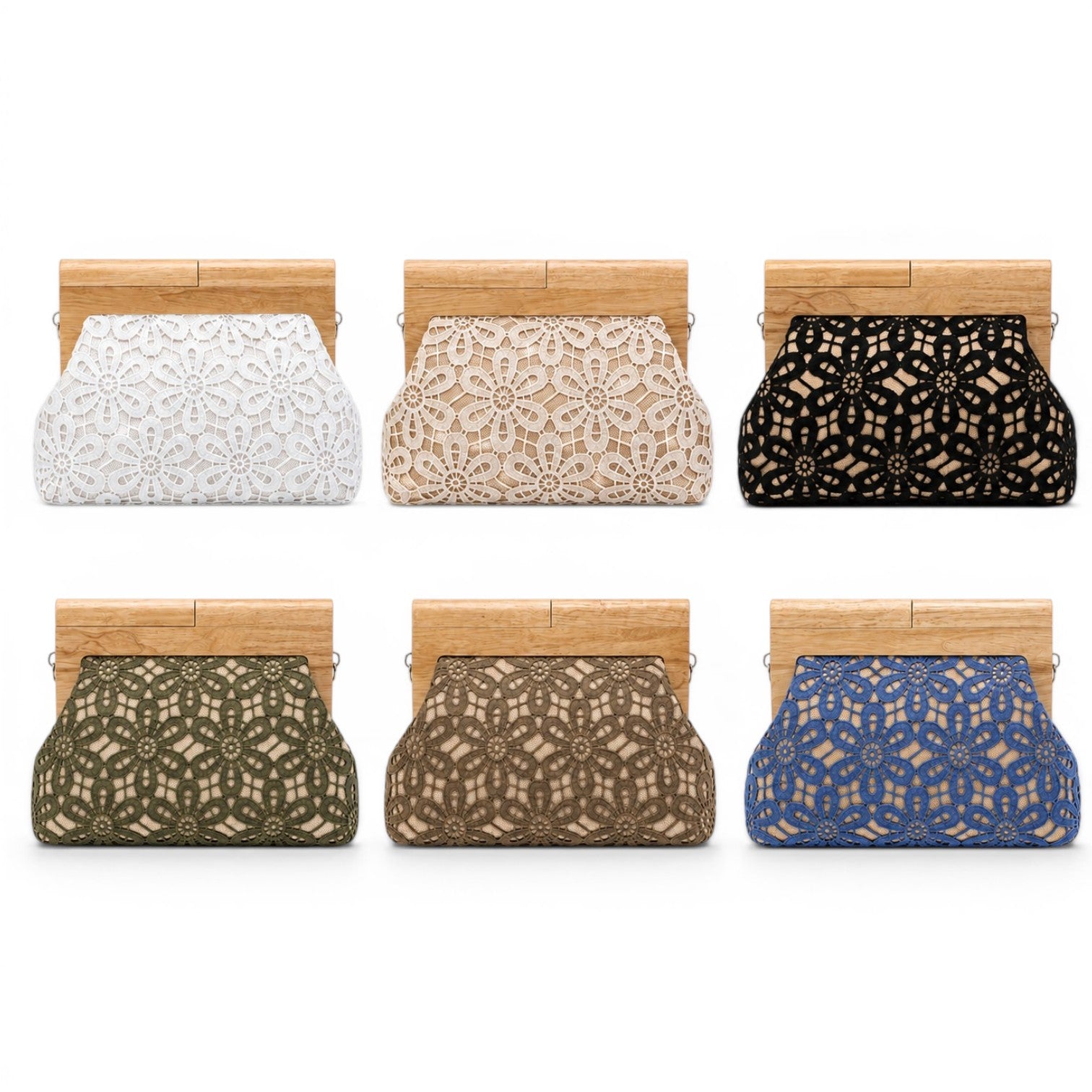 Καλοκαιρινές clutch bags με ξύλινο frame και floral lace σχέδιο σε λευκό φόντο – So Cute by Dimi