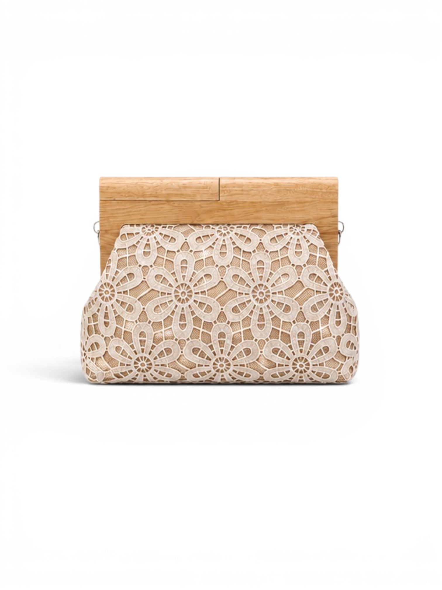 Clutch bag with lace design and wooden frame on a white background