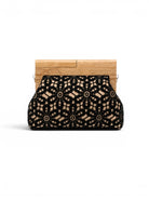 Black lace clutch with wooden handle on a white background