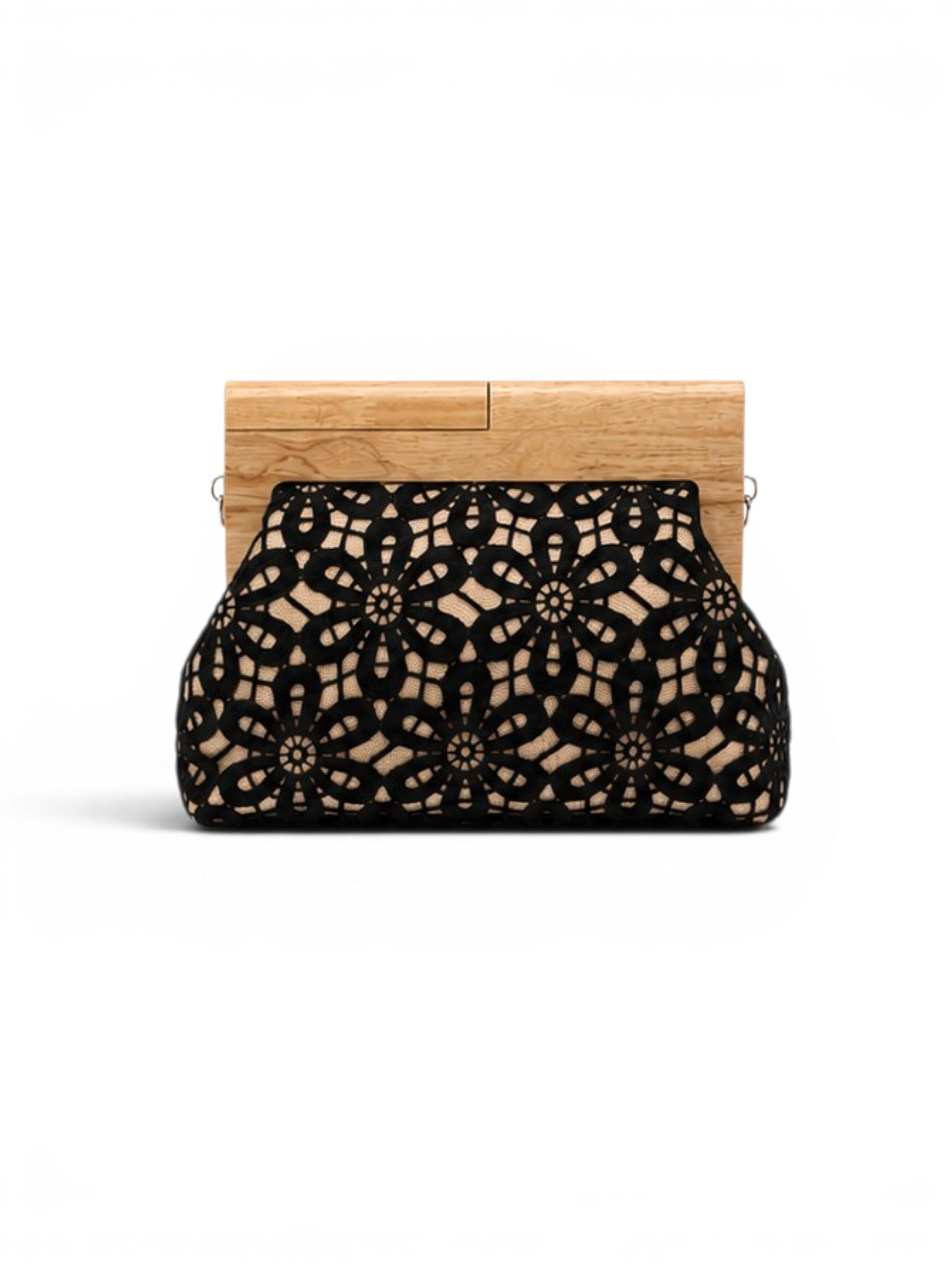 Black lace clutch with wooden handle on a white background