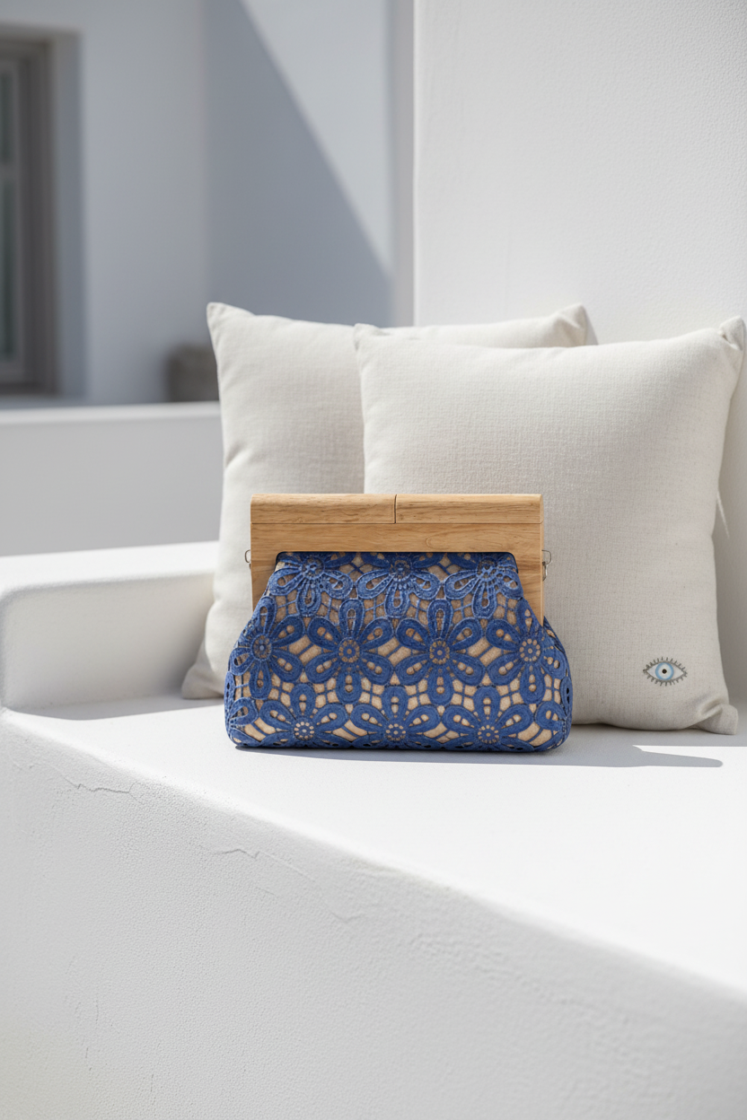 Blue lace clutch bag on a white surface with pillows in the background