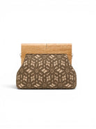Clutch bag with lace detailing and wooden frame on a white background