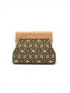 Handbag with wooden top and lace pattern on a white background