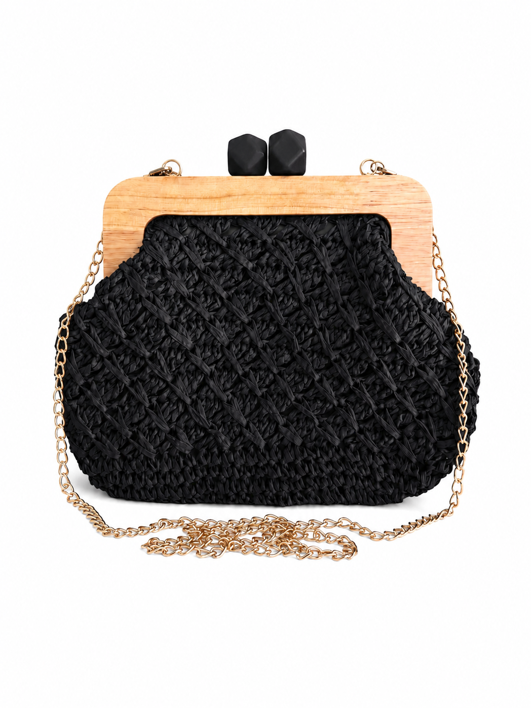 Ψάθινη woven τσάντα με ξύλινο frame και χρυσή αλυσίδα σε λευκό φόντο – So Cute by Dimi