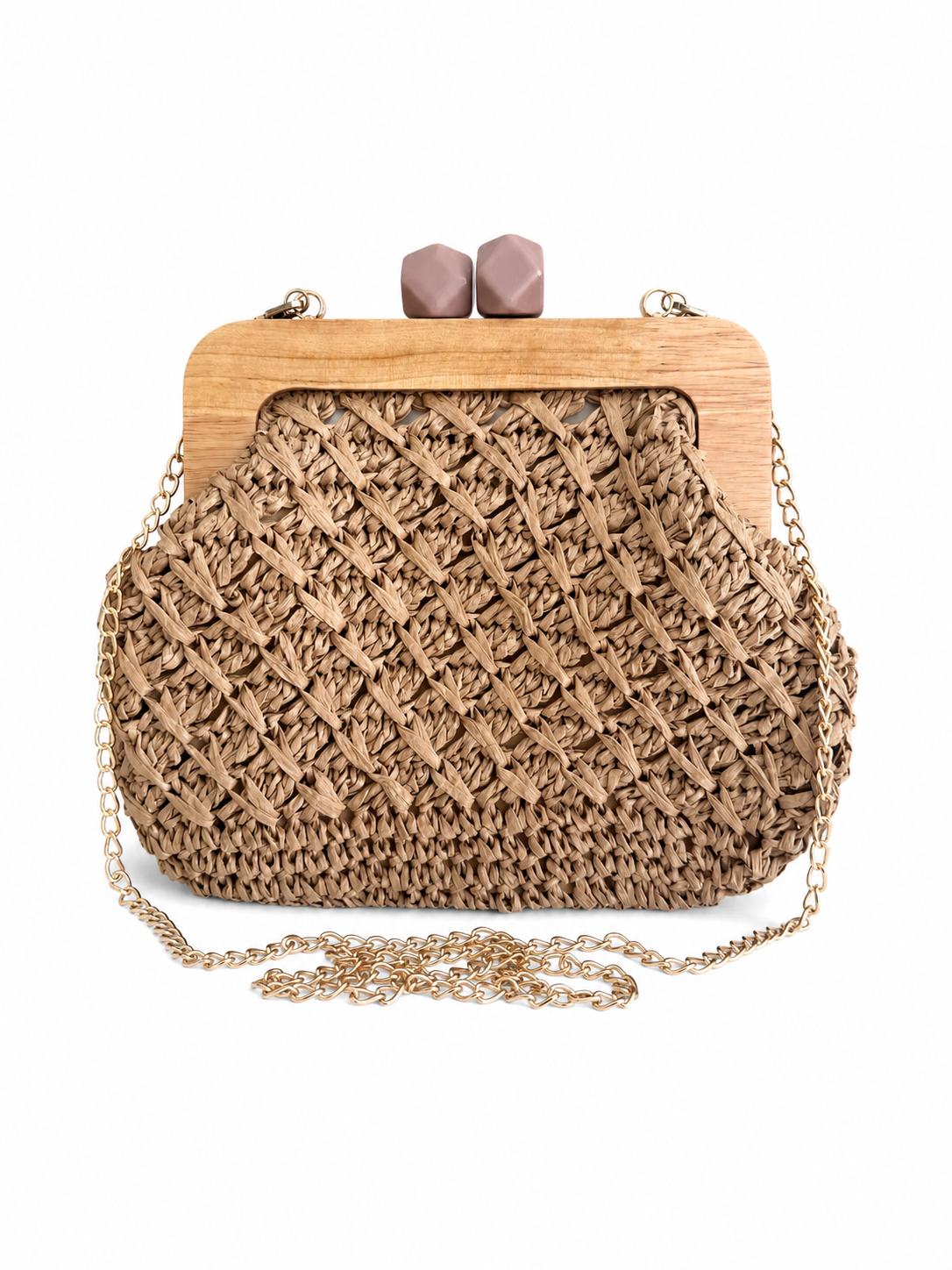 Ψάθινη woven τσάντα με ξύλινο frame και χρυσή αλυσίδα σε λευκό φόντο – So Cute by Dimi