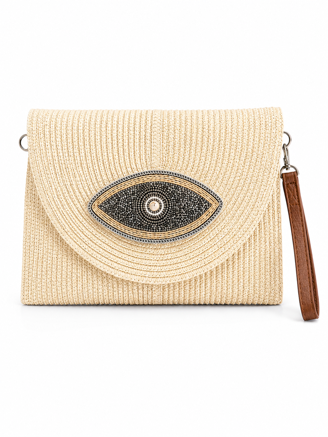 Ψάθινο clutch bag με evil eye σχέδιο από χάντρες και strass σε φυσική μπεζ απόχρωση με αποσπώμενο λουράκι καρπού και ώμου.
