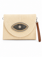 Ψάθινο clutch bag με evil eye σχέδιο από χάντρες και strass σε φυσική μπεζ απόχρωση με αποσπώμενο λουράκι καρπού και ώμου.