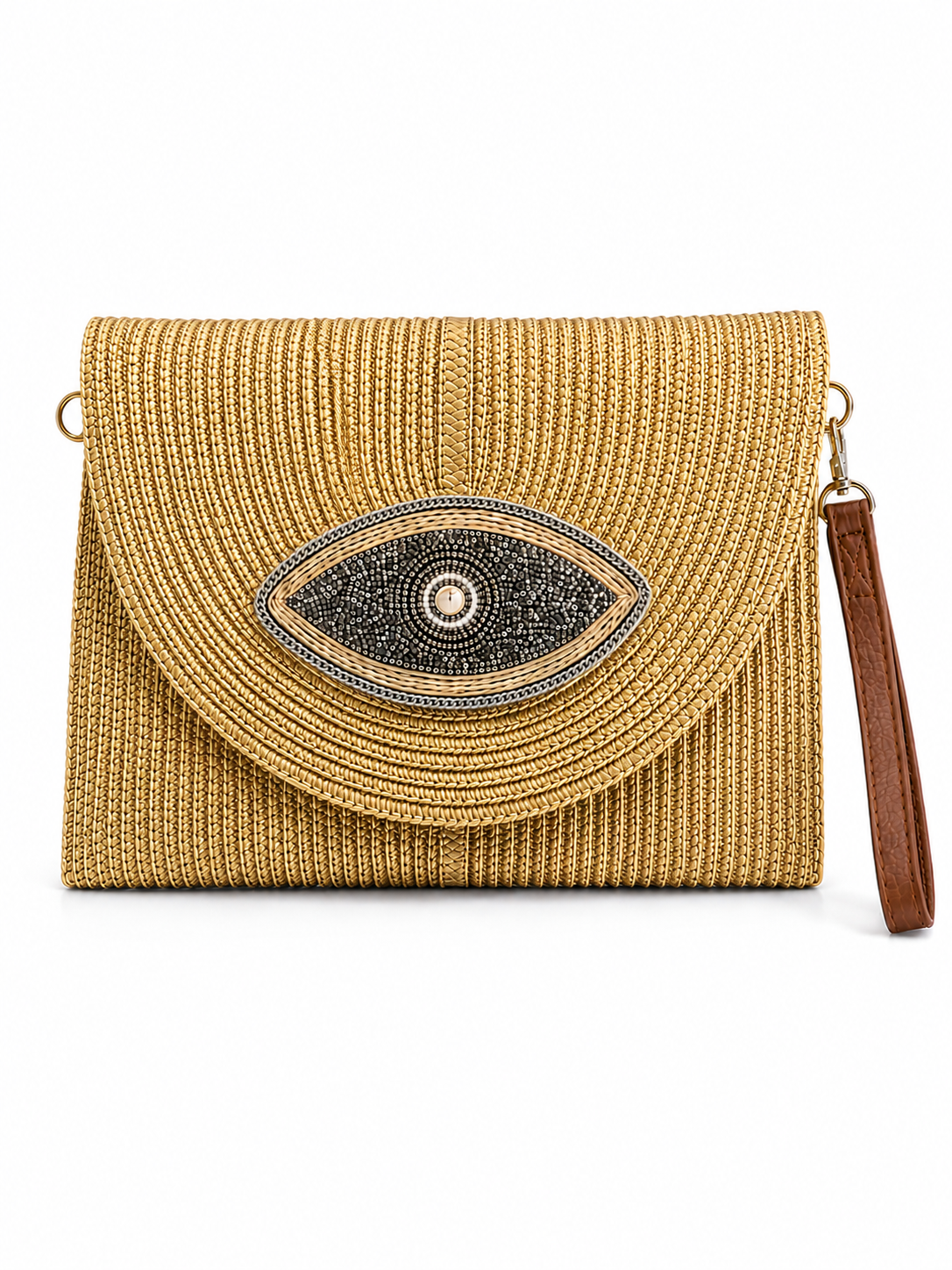 Ψάθινο clutch bag με evil eye σχέδιο από χάντρες και strass σε χρυσή απόχρωση με αποσπώμενο λουράκι καρπού και ώμου.