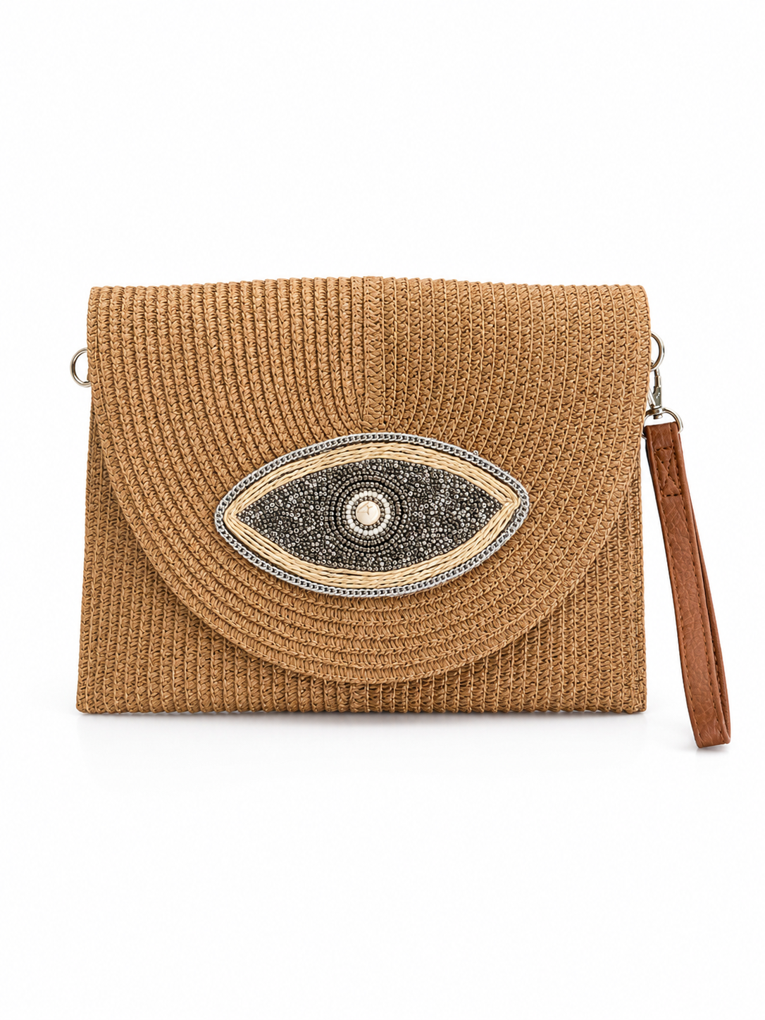 Ψάθινο clutch bag με evil eye σχέδιο από χάντρες και strass σε σκούρο μπεζ απόχρωση με αποσπώμενο λουράκι καρπού και ώμου.