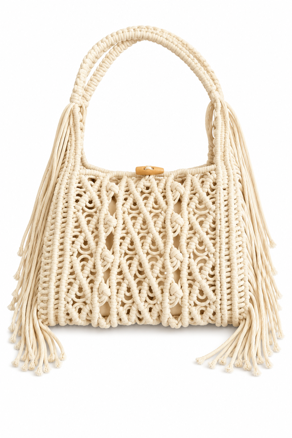 Macramé Fringe βαμβακερή τσάντα ώμου με κρόσσια, ξύλινο κουμπί και εσωτερική επένδυση So Cute by Dimi