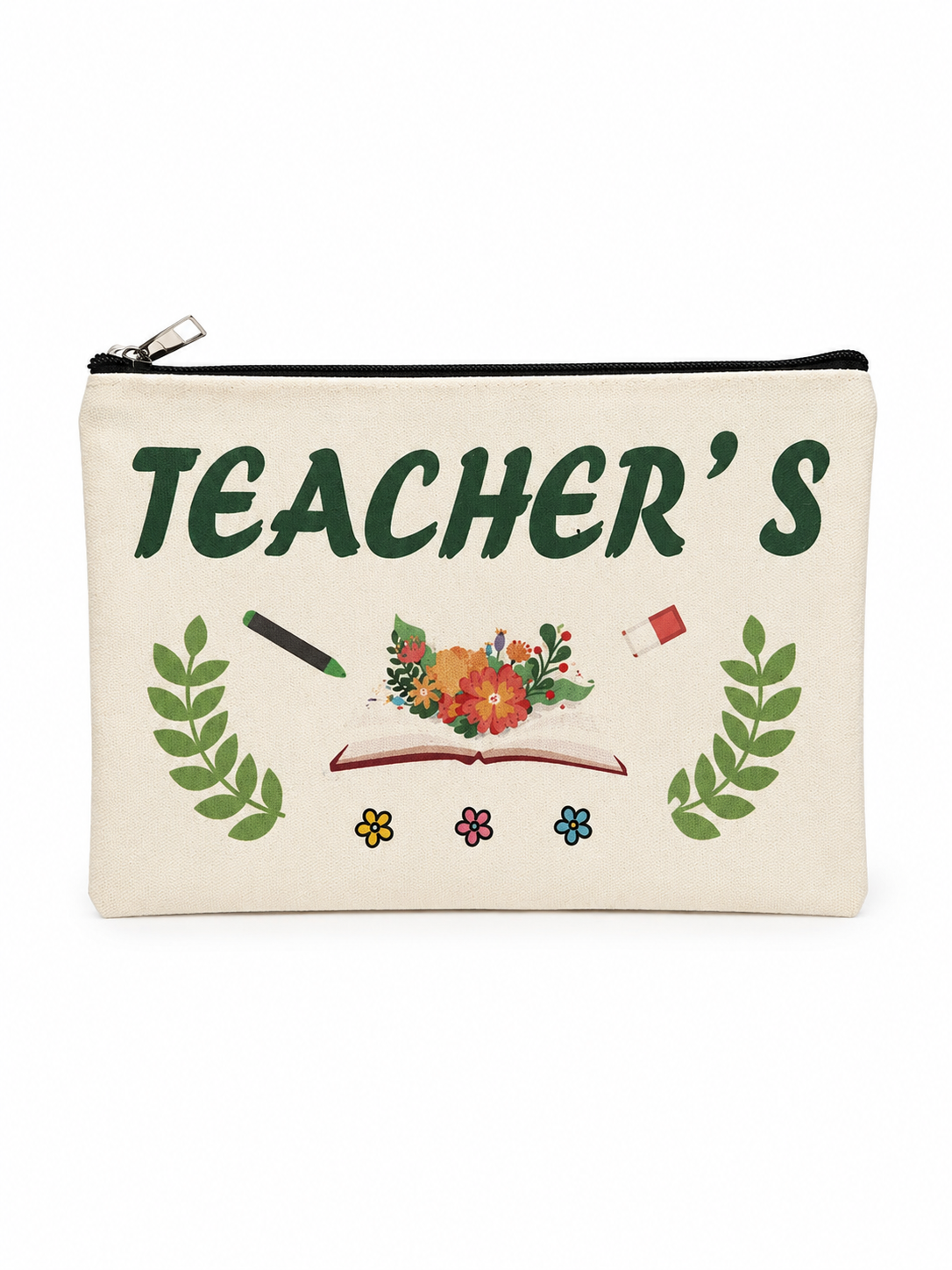 Νεσεσέρ δασκάλας από καραβόπανο με floral teacher print και μεταλλικό φερμουάρ σε λευκό φόντο