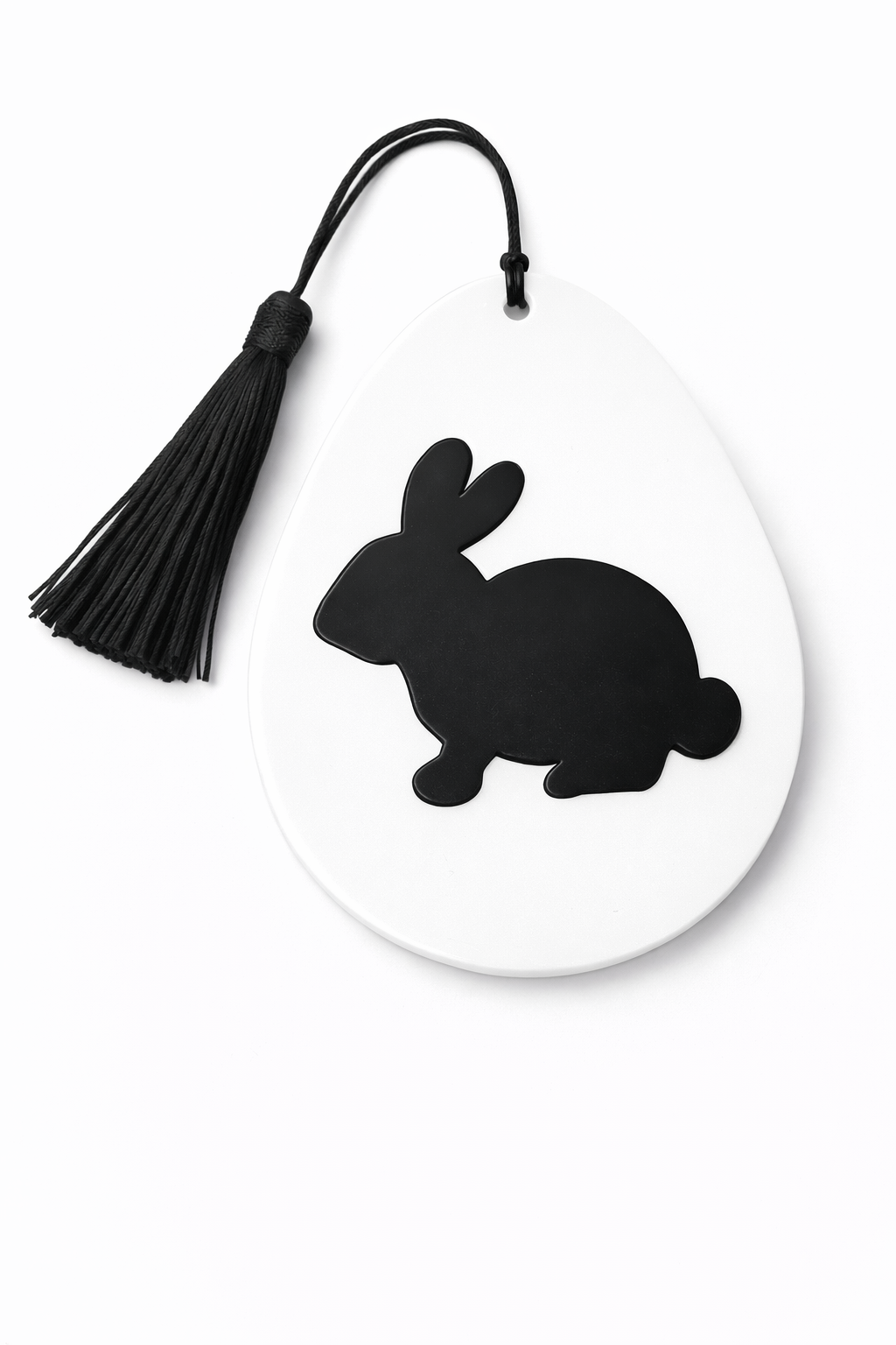 Corporate Easter acrylic tag in egg shape with bunny silhouette, customizable plexiglass branding element for gift baskets