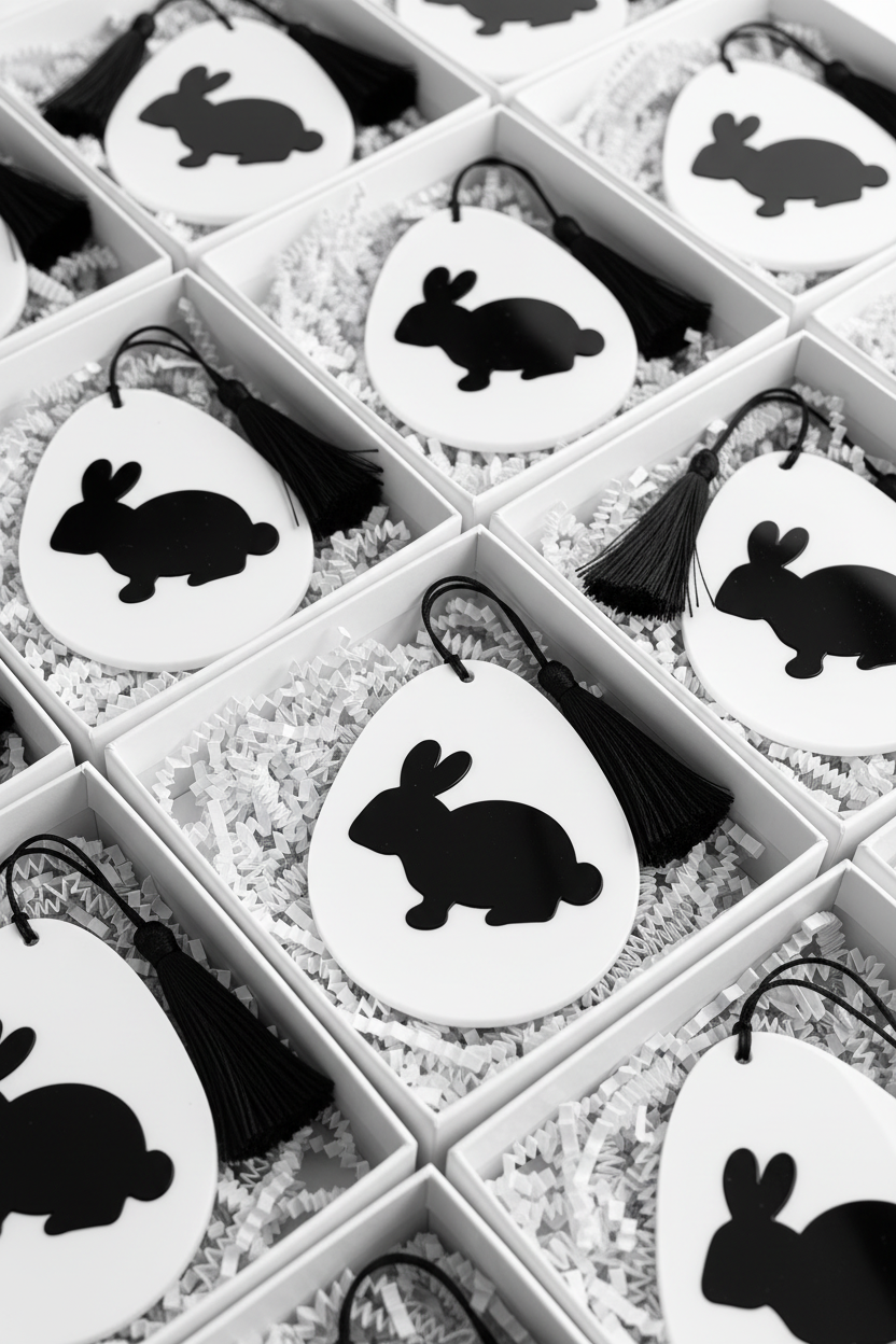 Corporate Easter acrylic tag in egg shape with bunny silhouette, customizable plexiglass branding element for gift baskets