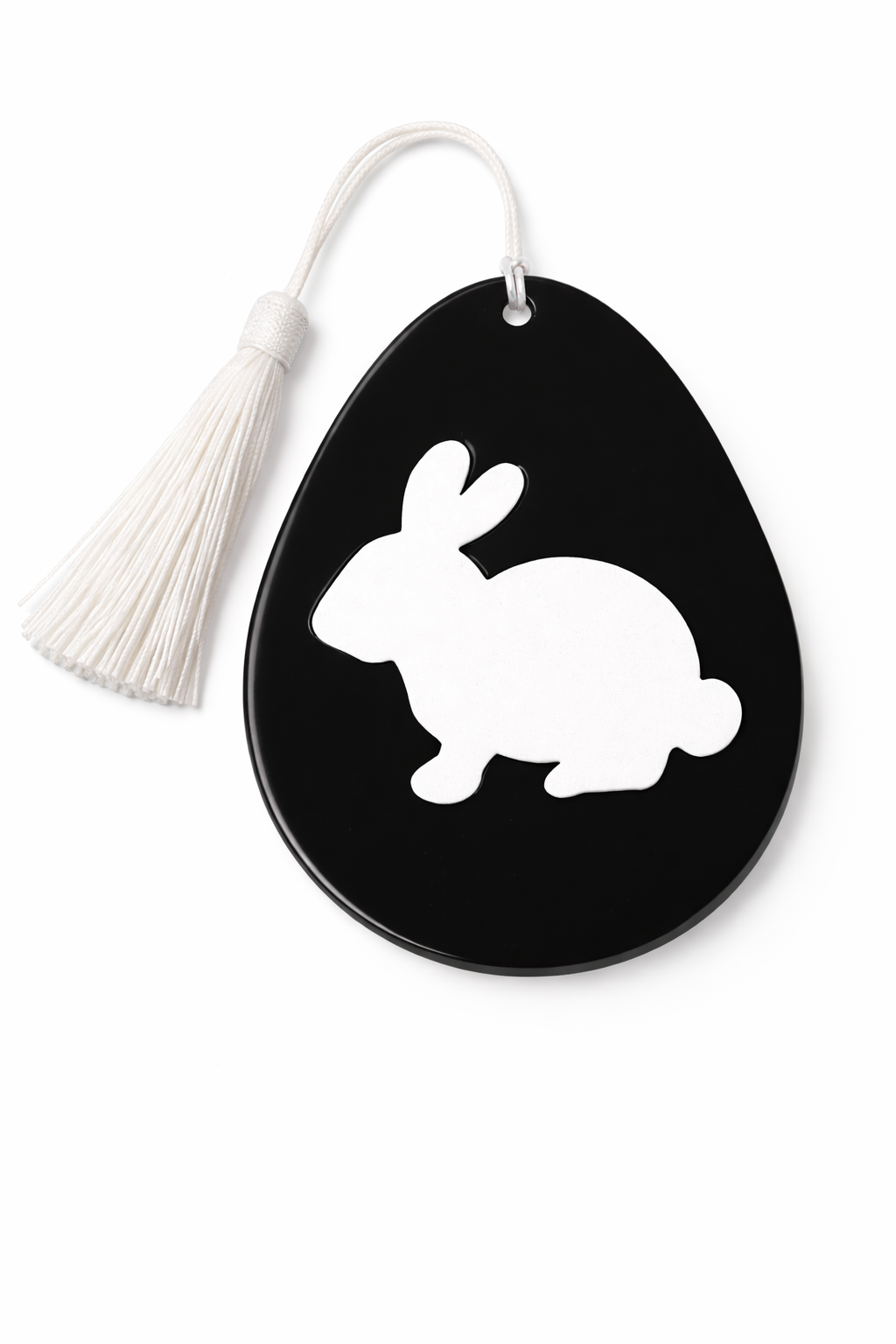 Corporate Easter acrylic tag in egg shape with bunny silhouette, customizable plexiglass branding element for gift baskets