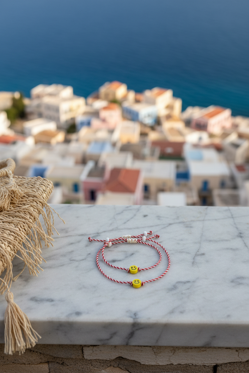 Βραχιόλι Μάρτης με ριγέ κορδόνι και κίτρινο χαμογελάκι από φίμο So Cute by Dimi
